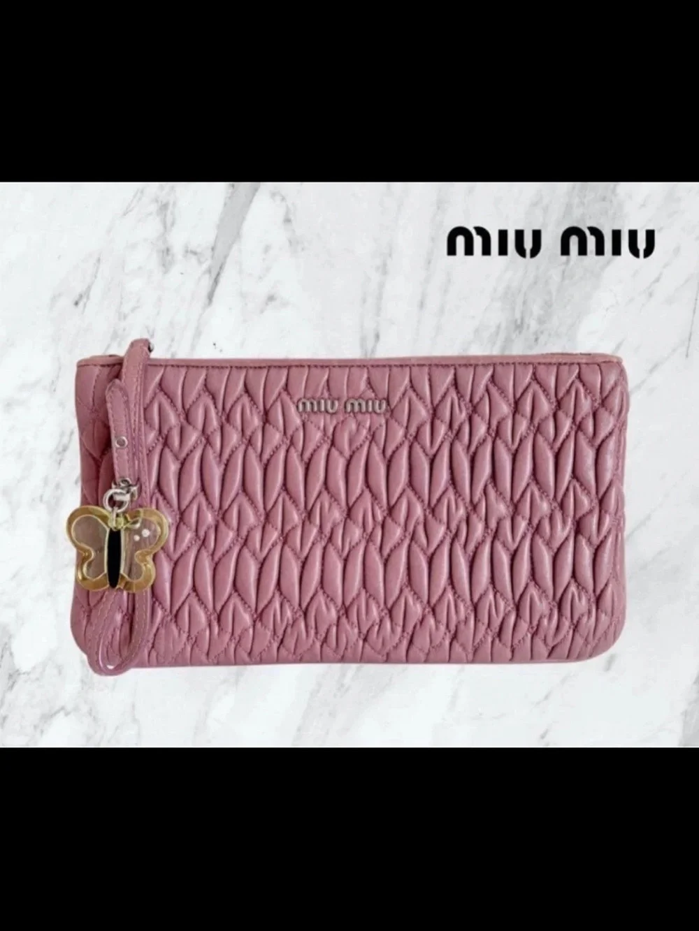 Miu Miu Dusty Pink Quilted Leather Wristlet with Butterfly Charm